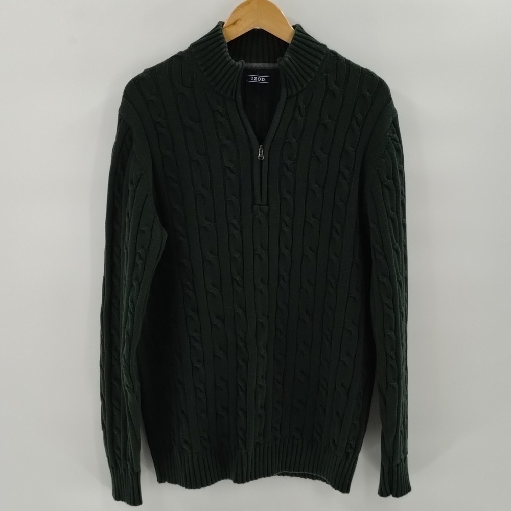 IZOD cable knit quarter zip pullover sweater large dark green 100% cotton Izod